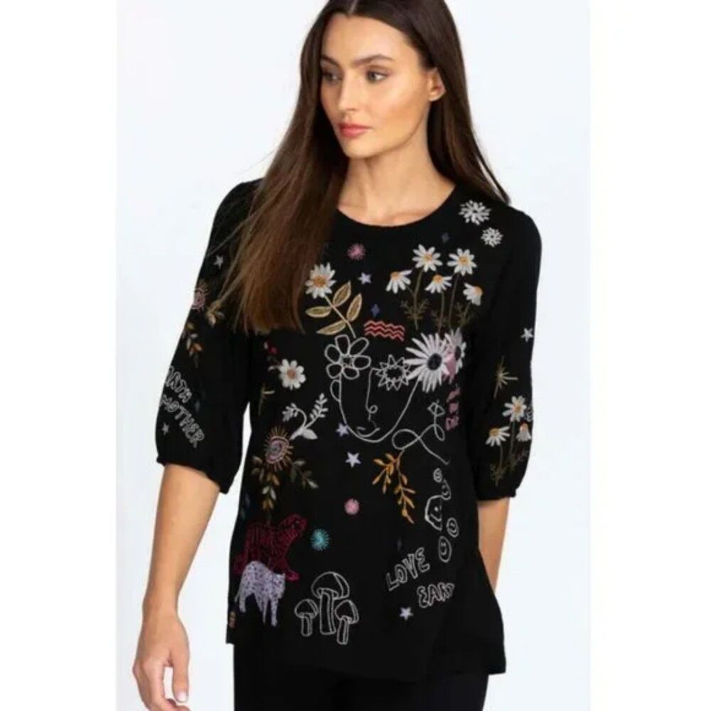 Johnny Was Soho Puff Long Flower Shirt Embroidery Floral Tee Black Top XS